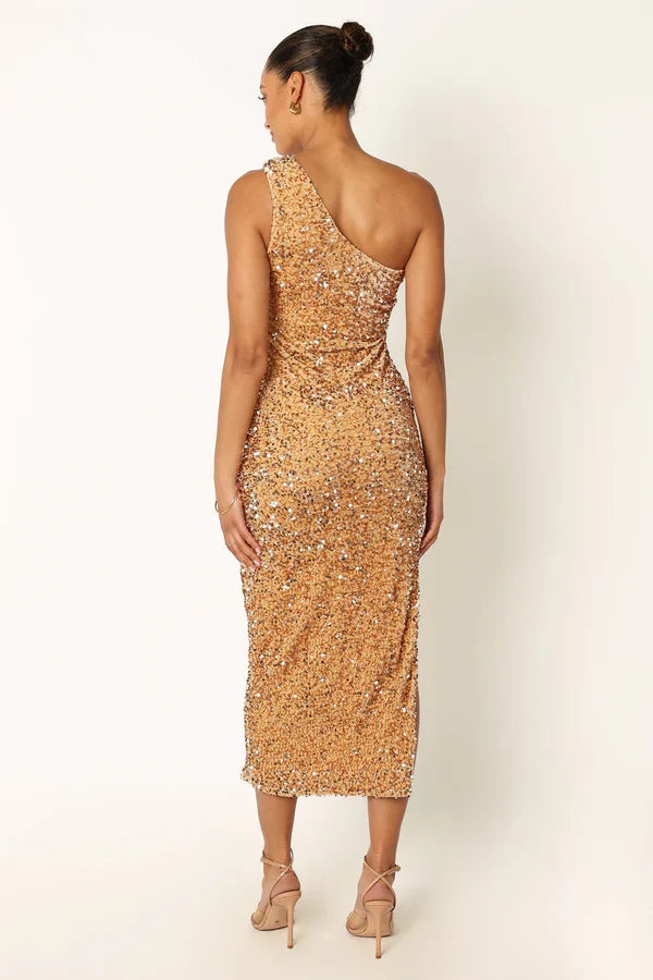 Special Occasion Sophisticated Graceful Stylish Refined Beautiful Elegant Gold Sequins Sleeveless Prom Dress