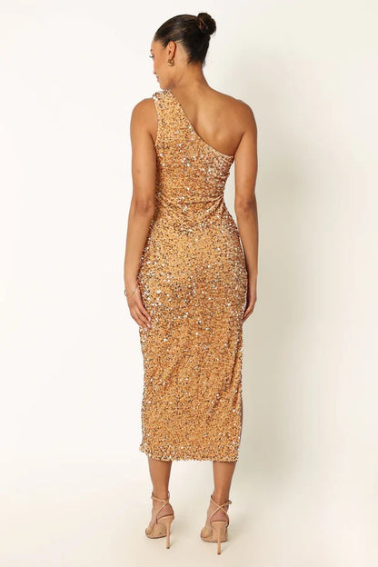 Special Occasion Sophisticated Graceful Stylish Refined Beautiful Elegant Gold Sequins Sleeveless Prom Dress