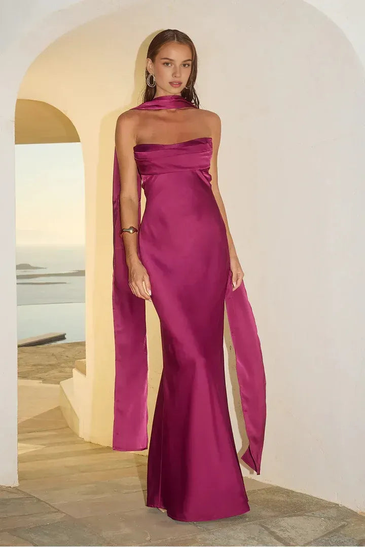 Beautiful Timeless Special Occasion Elegant Burgundy Satin Strapless Sleeveless Floor-Length Prom Dress