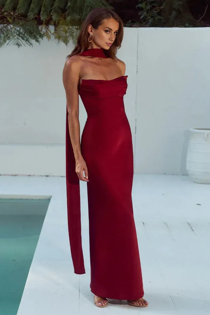Beautiful Timeless Special Occasion Elegant Burgundy Satin Strapless Sleeveless Floor-Length Prom Dress