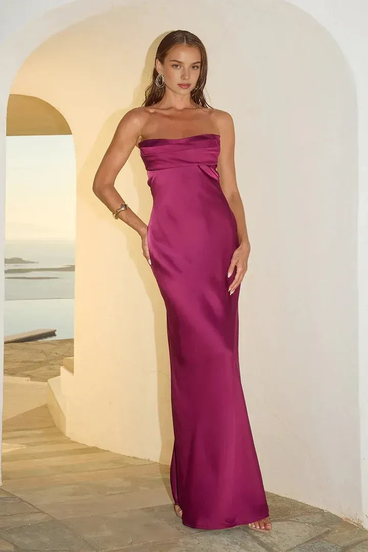 Beautiful Timeless Special Occasion Elegant Burgundy Satin Strapless Sleeveless Floor-Length Prom Dress