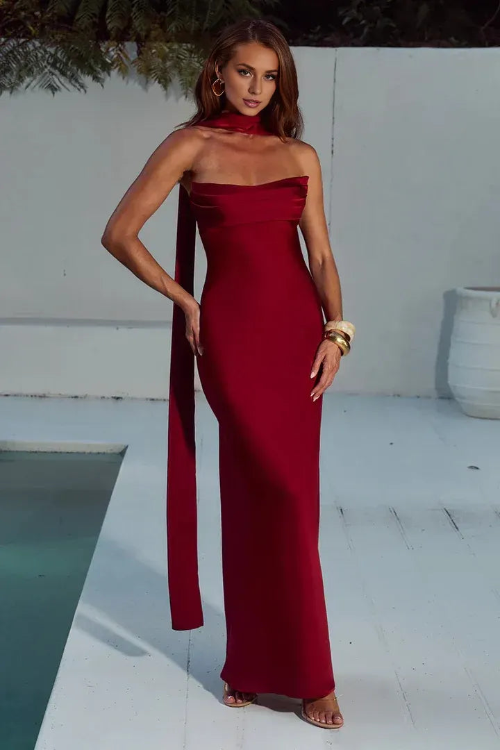 Beautiful Timeless Special Occasion Elegant Burgundy Satin Strapless Sleeveless Floor-Length Prom Dress