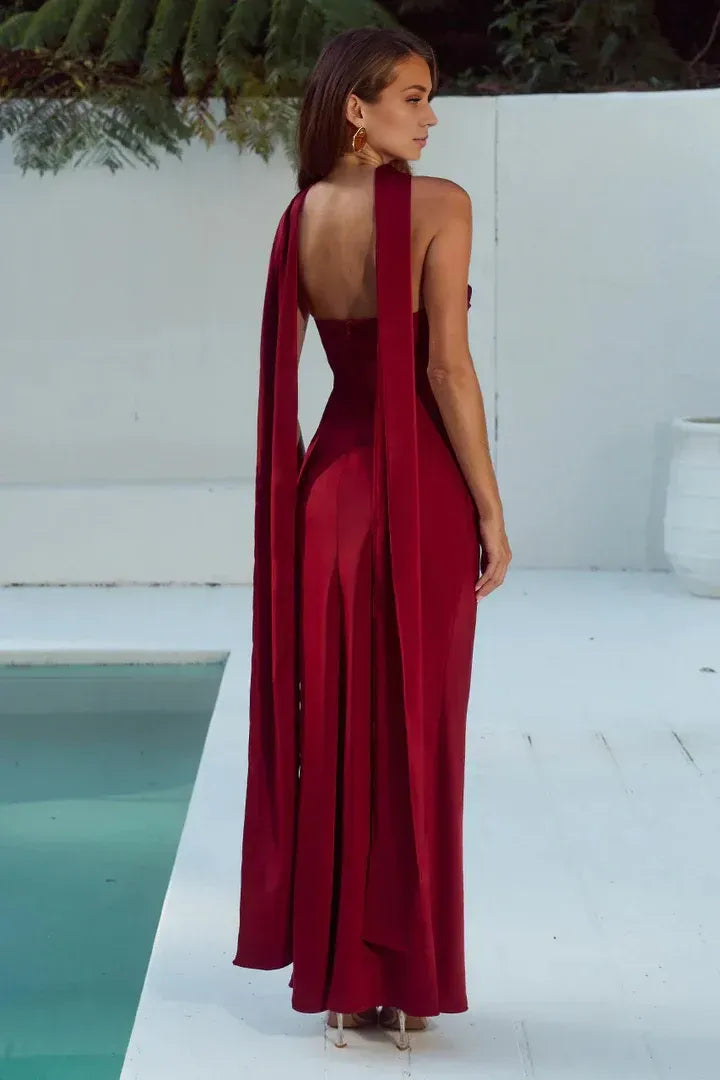 Beautiful Timeless Special Occasion Elegant Burgundy Satin Strapless Sleeveless Floor-Length Prom Dress