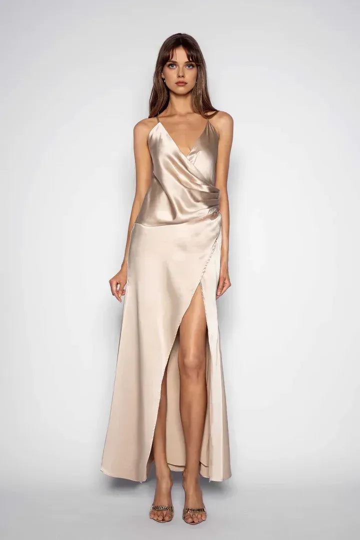 Special Occasion Sophisticated Graceful Stylish Refined Elegant Champagne Satin Sleeveless Floor-Length Prom Dress