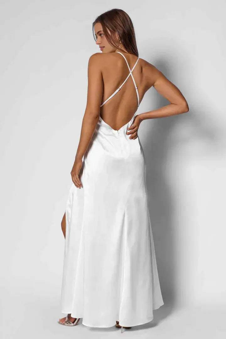Beautiful Timeless Special Occasion Sophisticated Elegant White Satin Sleeveless Floor-Length Wedding Dress