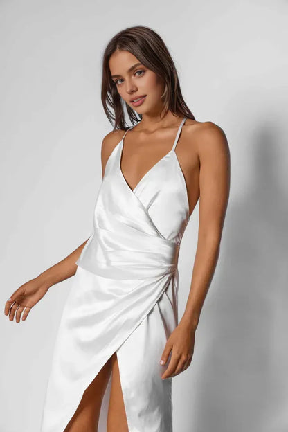 Beautiful Timeless Special Occasion Sophisticated Elegant White Satin Sleeveless Floor-Length Wedding Dress