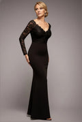 Black Mermaid V‑Neck Long Sleeve Zip‑Back Floor‑Length Mother Of The Bride Dress