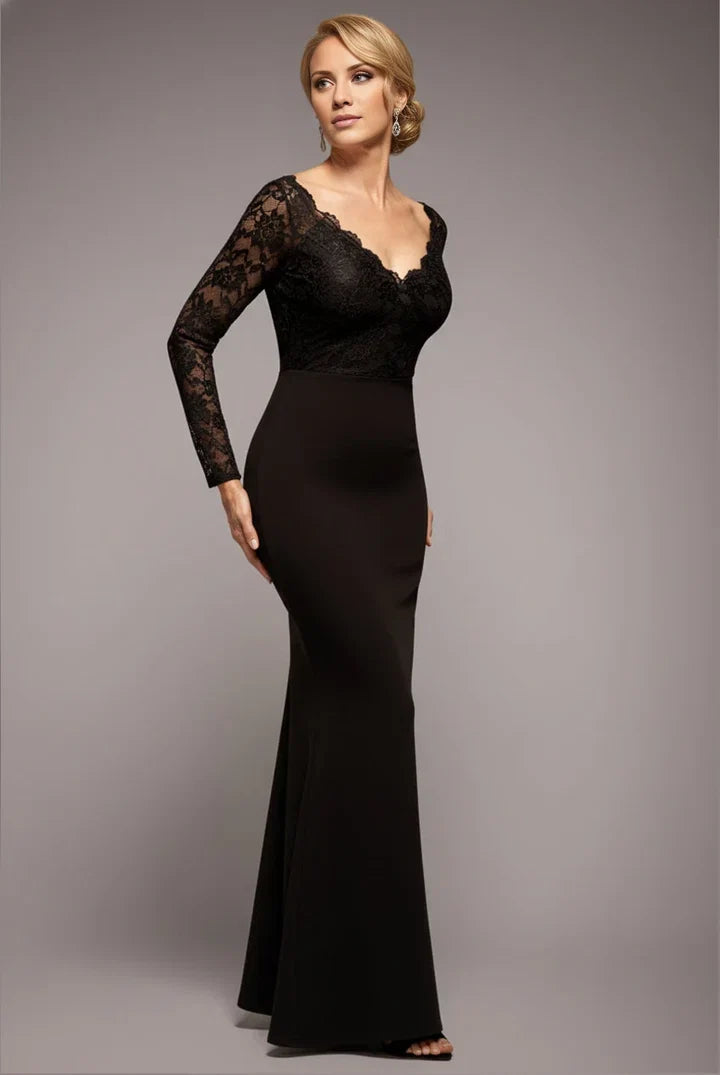Black Mermaid V‑Neck Long Sleeve Zip‑Back Floor‑Length Mother Of The Bride Dress