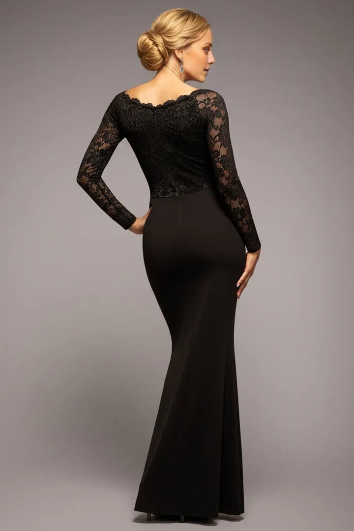 Black Mermaid V‑Neck Long Sleeve Zip‑Back Floor‑Length Mother Of The Bride Dress