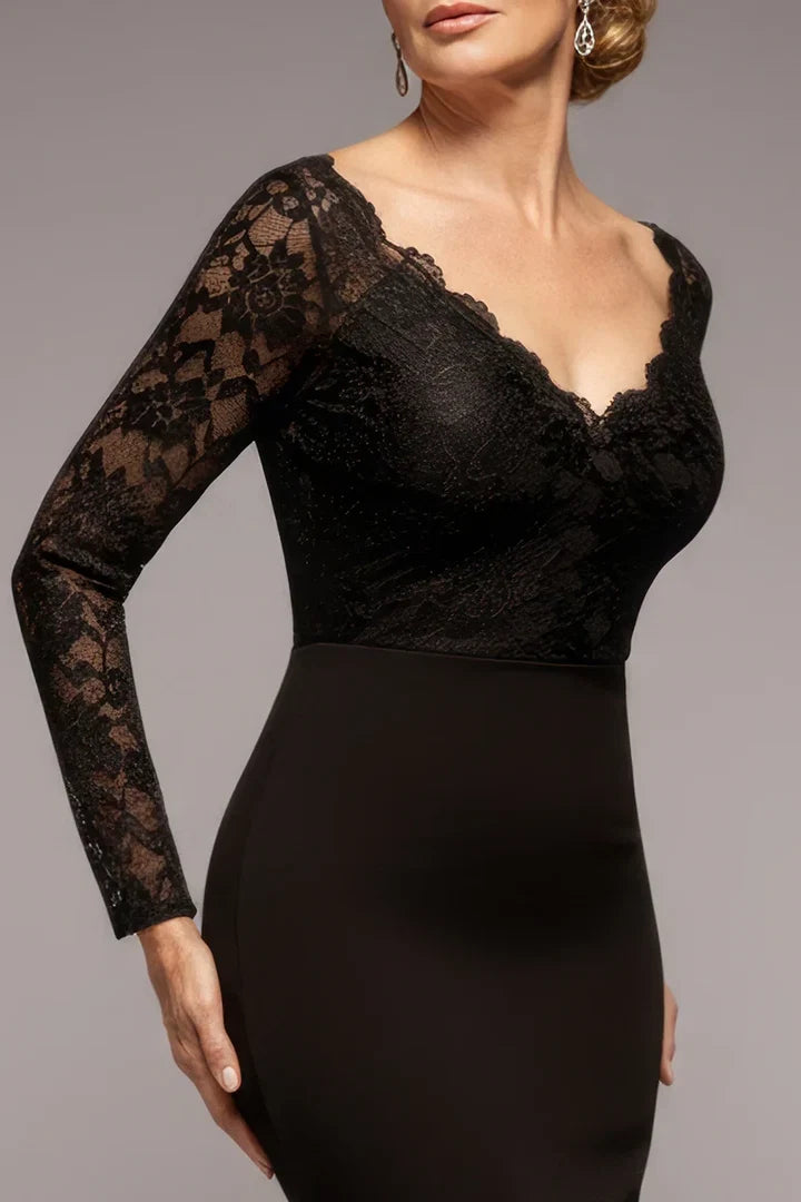 Black Mermaid V‑Neck Long Sleeve Zip‑Back Floor‑Length Mother Of The Bride Dress