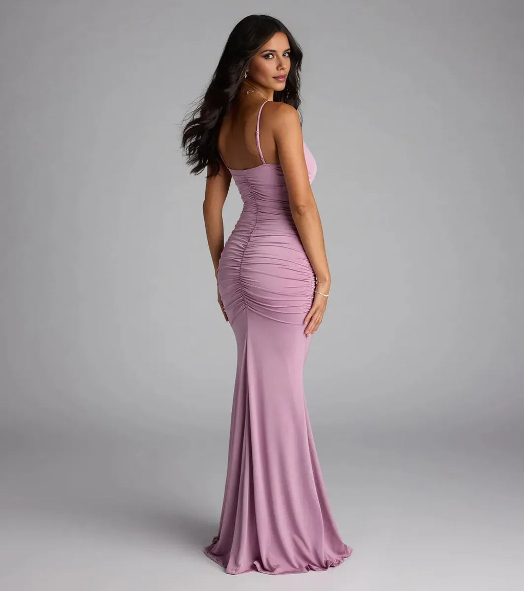 Lavender Mermaid V-Neck Spaghetti Strap Back Zip Ruched Floor-Length Prom Dresses