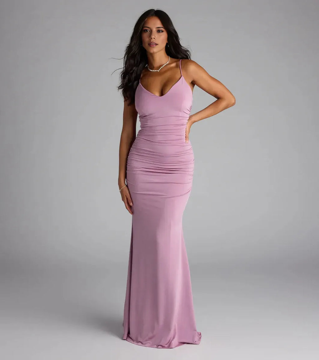 Lavender Mermaid V-Neck Spaghetti Strap Back Zip Ruched Floor-Length Prom Dresses