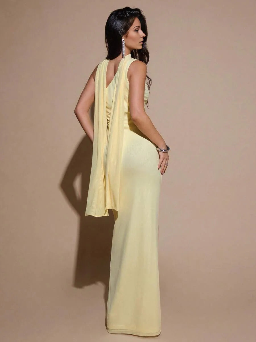 Yellow Light Sheath One-Shoulder Sleeveless Floor-Length Ruched Bodice Draped Sash Prom Dresses