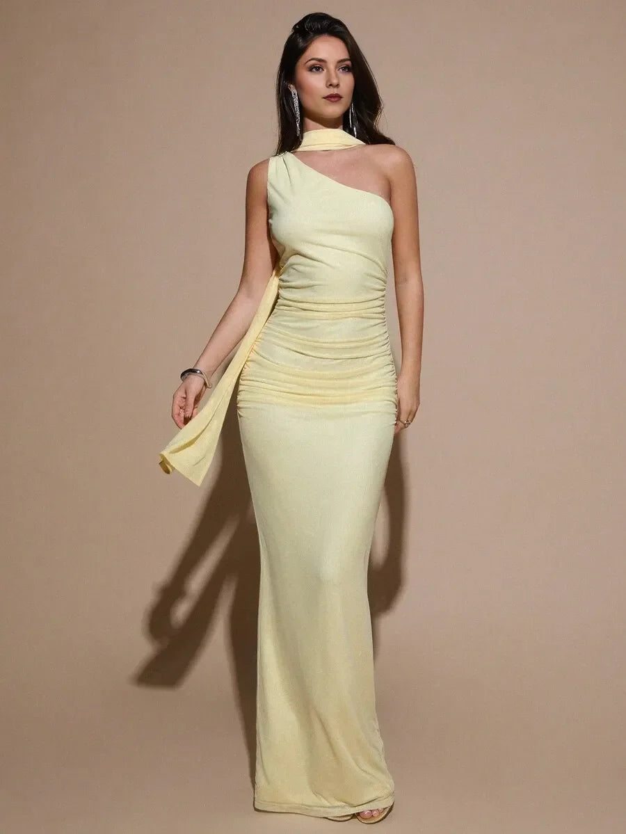 Yellow Light Sheath One-Shoulder Sleeveless Floor-Length Ruched Bodice Draped Sash Prom Dresses