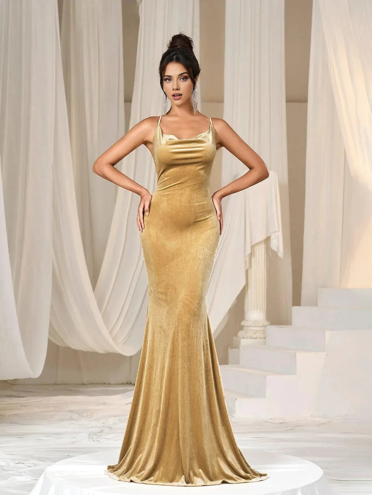 Refined Beautiful Timeless Chic Elegant Gold Velvet Mermaid Cowl Sleeveless Prom Dress