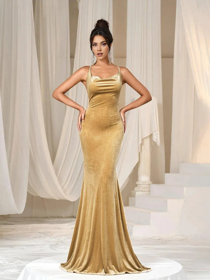 Refined Beautiful Timeless Chic Elegant Gold Velvet Mermaid Cowl Sleeveless Prom Dress