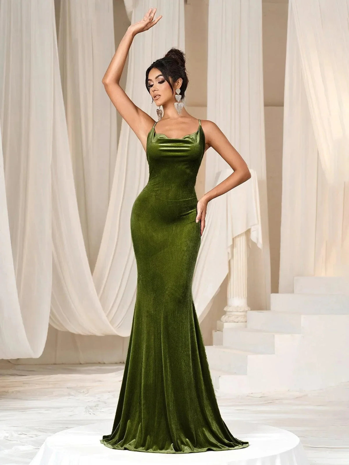Refined Beautiful Timeless Chic Elegant Gold Velvet Mermaid Cowl Sleeveless Prom Dress