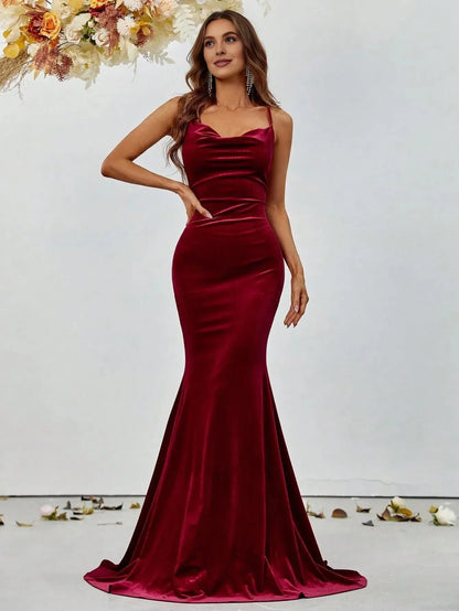 Refined Beautiful Timeless Chic Elegant Gold Velvet Mermaid Cowl Sleeveless Prom Dress
