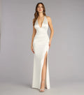 Mermaid Halter V Neck Sleeveless Crisscross Back Floor-Length Pleated Prom Dresses with High Slit