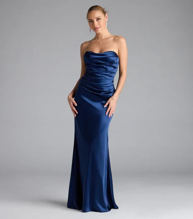 Luxury Mermaid Strapless Sweetheart Ruched Back Long Evening Dress