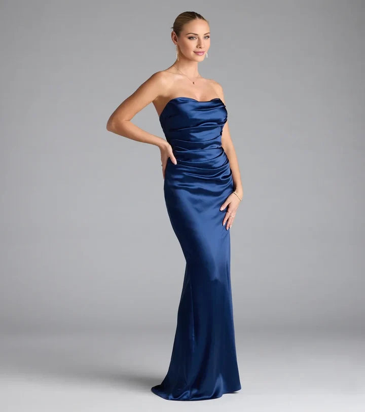 Luxury Mermaid Strapless Sweetheart Ruched Back Long Evening Dress