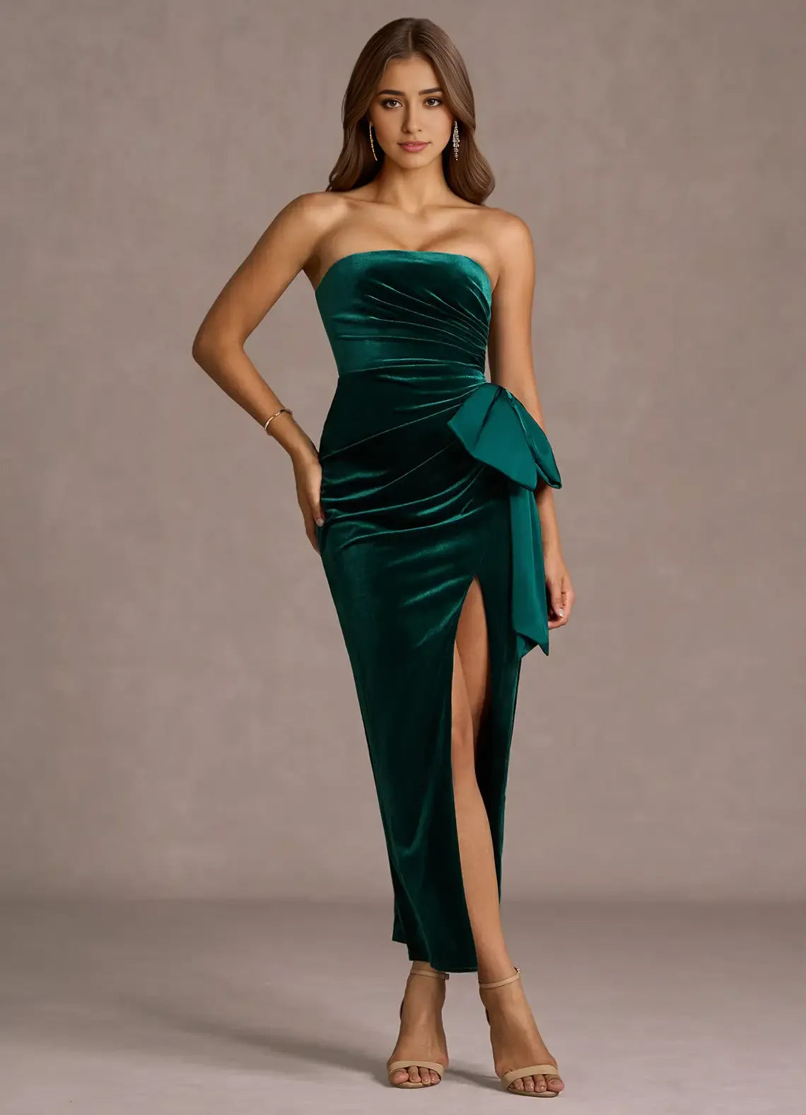 Timeless Special Occasion Elegant Emerald Green Velvet Mermaid Strapless Sleeveless Evening Dress