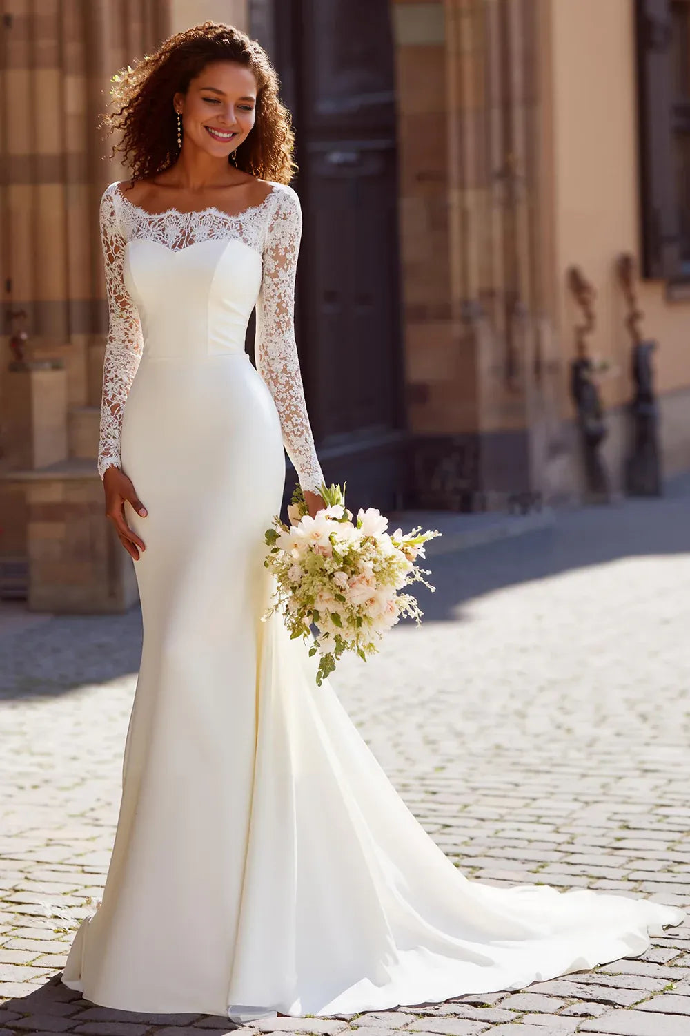 Special Occasion Sophisticated Elegant Ivory Chiffon Mermaid Long Sleeve Long Wedding Dress