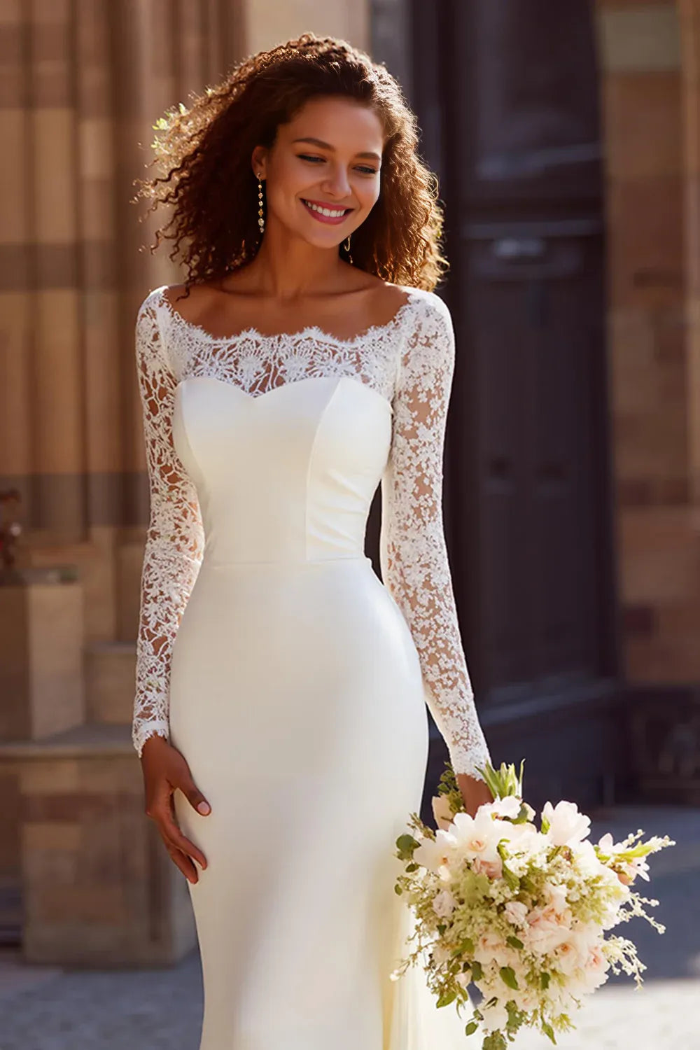 Special Occasion Sophisticated Elegant Ivory Chiffon Mermaid Long Sleeve Long Wedding Dress