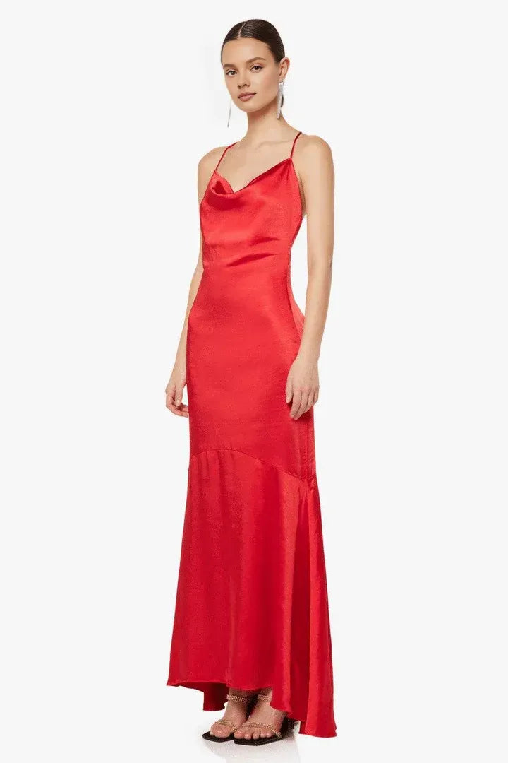 Refined Beautiful Timeless Elegant Red Satin Mermaid Cowl Sleeveless Floor-Length Prom Dress