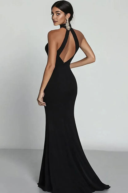 Graceful Stylish Refined Beautiful Elegant Black Satin Mermaid Halter Sleeveless Evening Dress