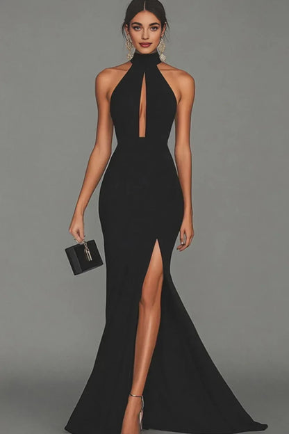 Graceful Stylish Refined Beautiful Elegant Black Satin Mermaid Halter Sleeveless Evening Dress