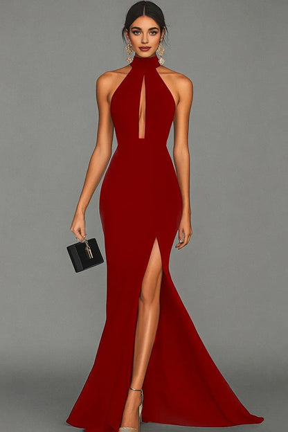 Graceful Stylish Refined Beautiful Elegant Black Satin Mermaid Halter Sleeveless Evening Dress