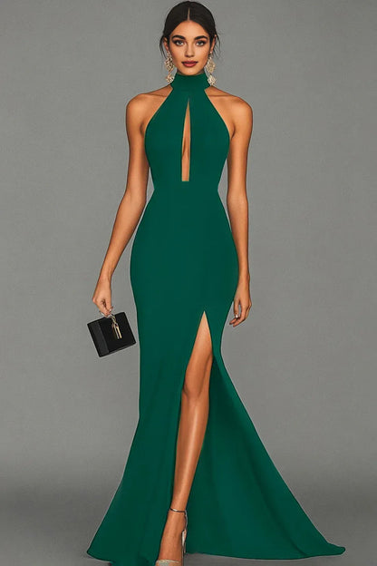 Graceful Stylish Refined Beautiful Elegant Black Satin Mermaid Halter Sleeveless Evening Dress
