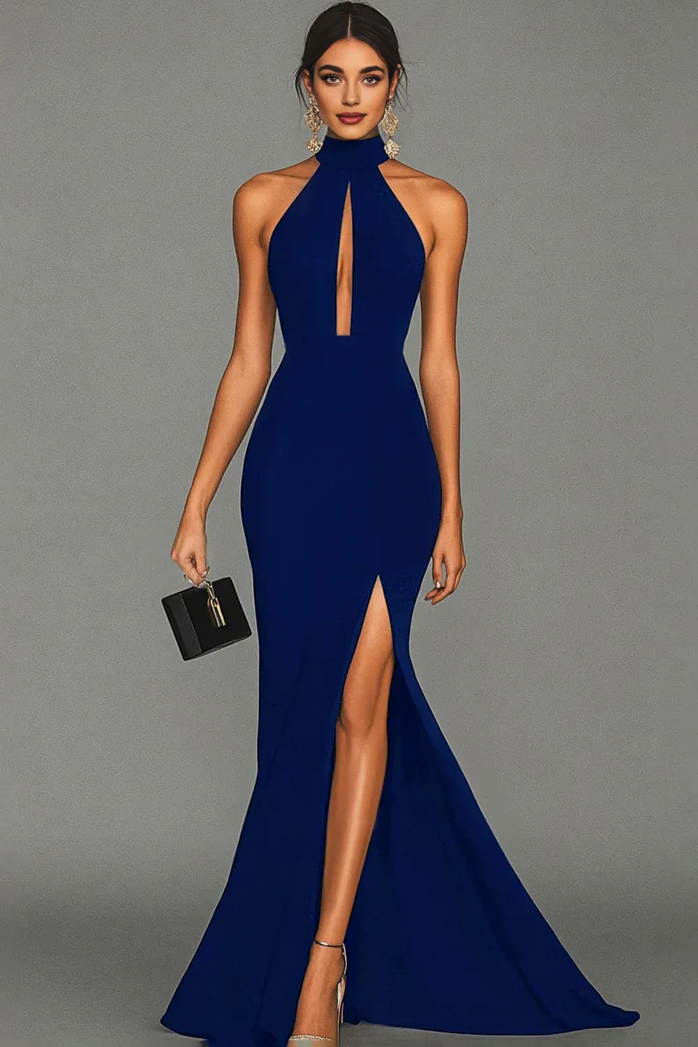 Graceful Stylish Refined Beautiful Elegant Black Satin Mermaid Halter Sleeveless Evening Dress
