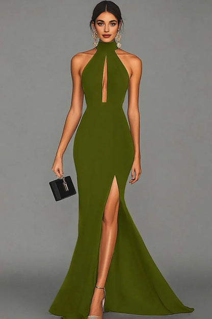 Graceful Stylish Refined Beautiful Elegant Black Satin Mermaid Halter Sleeveless Evening Dress