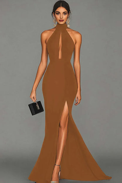 Graceful Stylish Refined Beautiful Elegant Black Satin Mermaid Halter Sleeveless Evening Dress