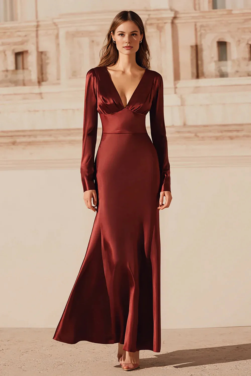 Timeless Chic Elegant Burgundy Satin Mermaid V-Neck Long Sleeve Long Prom Dress