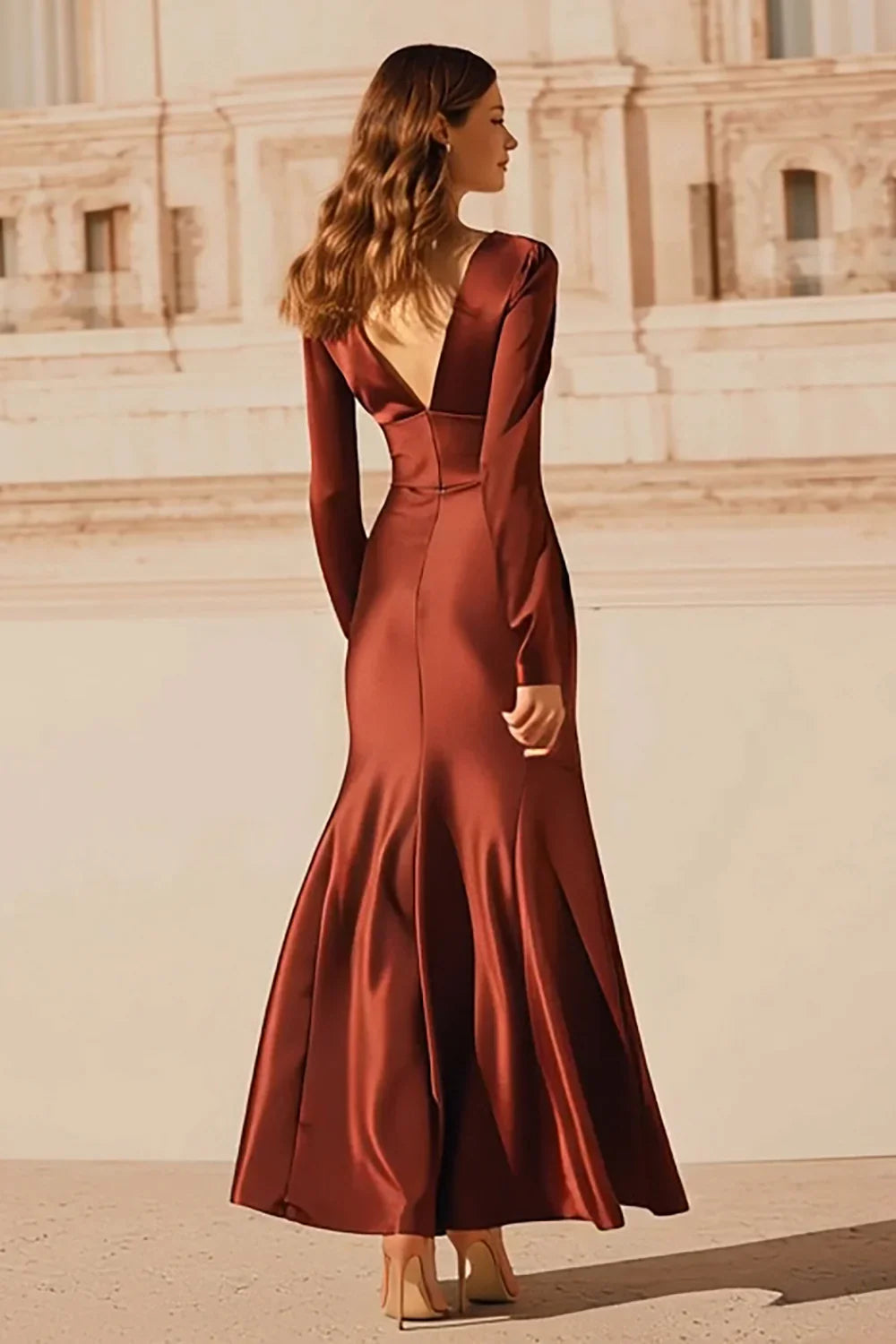 Timeless Chic Elegant Burgundy Satin Mermaid V-Neck Long Sleeve Long Prom Dress