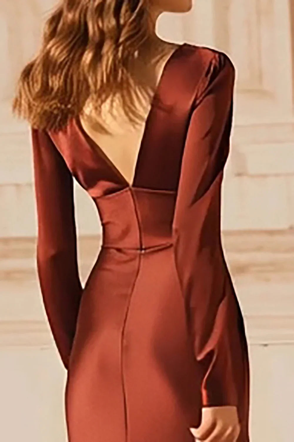 Timeless Chic Elegant Burgundy Satin Mermaid V-Neck Long Sleeve Long Prom Dress