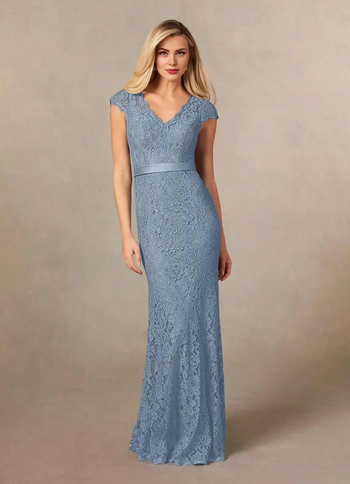 Elegant Dusty Blue Satin Mermaid V-Neck Floor-Length Mother of the Bride Dress