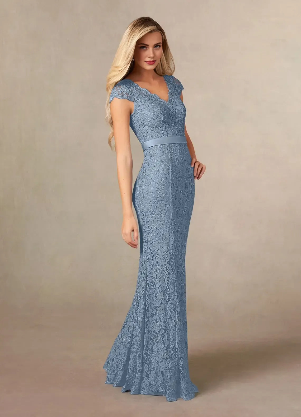 Elegant Dusty Blue Satin Mermaid V-Neck Floor-Length Mother of the Bride Dress