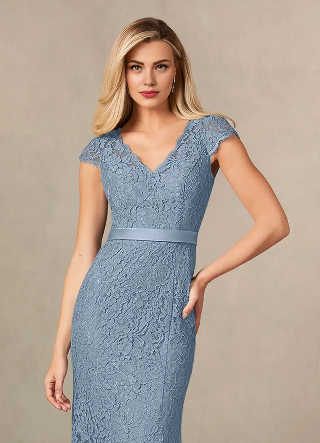 Elegant Dusty Blue Satin Mermaid V-Neck Floor-Length Mother of the Bride Dress