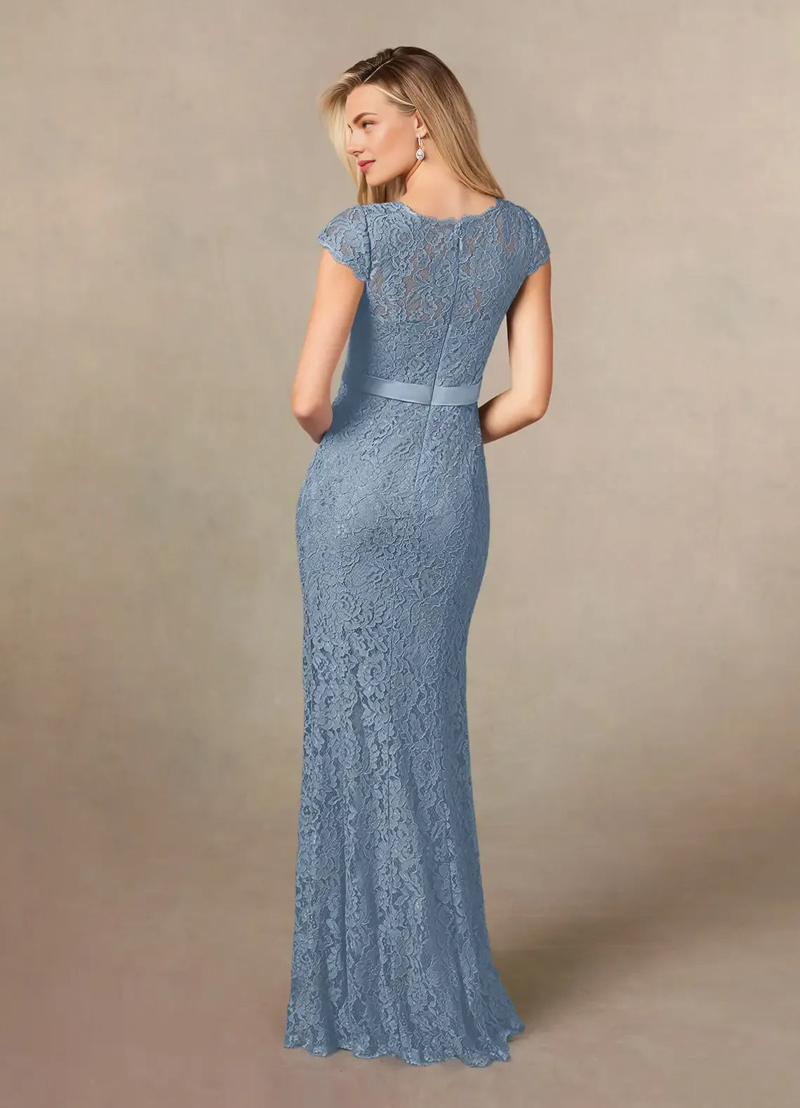 Elegant Dusty Blue Satin Mermaid V-Neck Floor-Length Mother of the Bride Dress