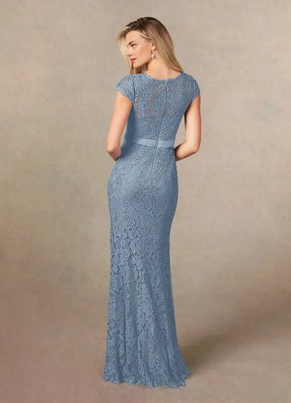 Elegant Dusty Blue Satin Mermaid V-Neck Floor-Length Mother of the Bride Dress