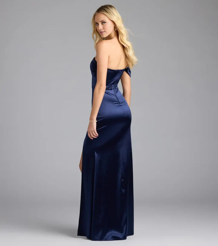 Glamorous Mermaid One Shoulder Off Shoulder Side Slit Long Evening Dress
