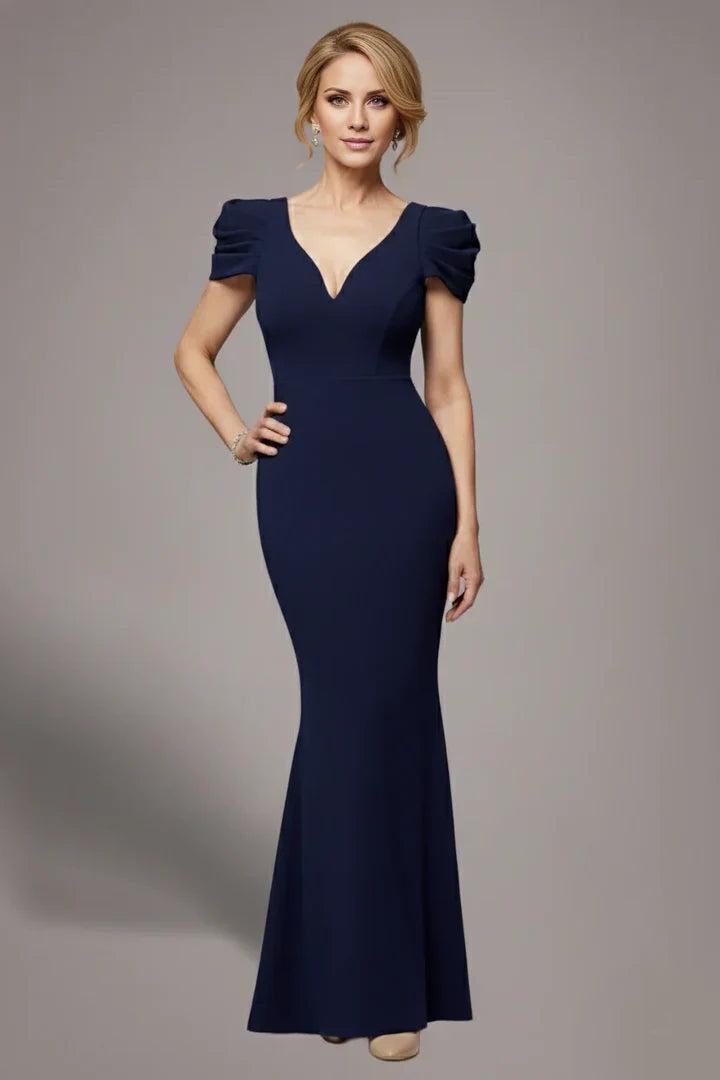 Navy Mermaid V‑Neck Puff Short Sleeve Scoop Back Floor Length Mother Of The Bride Dress