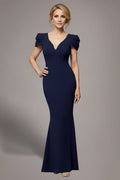 Navy Mermaid V‑Neck Puff Short Sleeve Scoop Back Floor Length Mother Of The Bride Dress