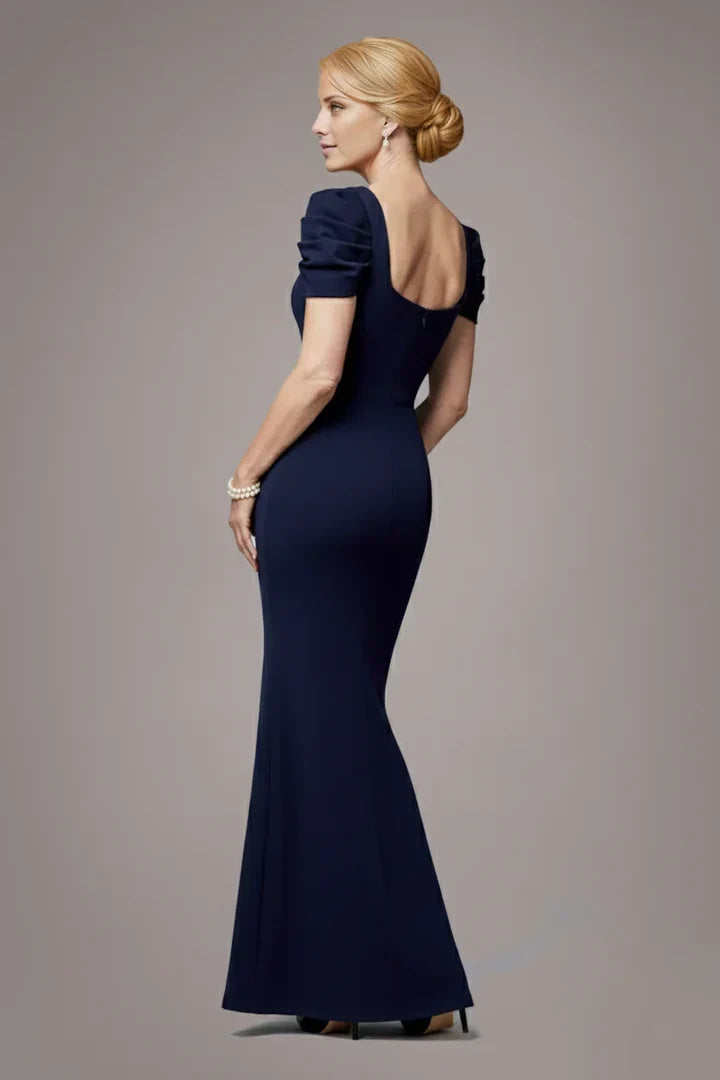 Navy Mermaid V‑Neck Puff Short Sleeve Scoop Back Floor Length Mother Of The Bride Dress