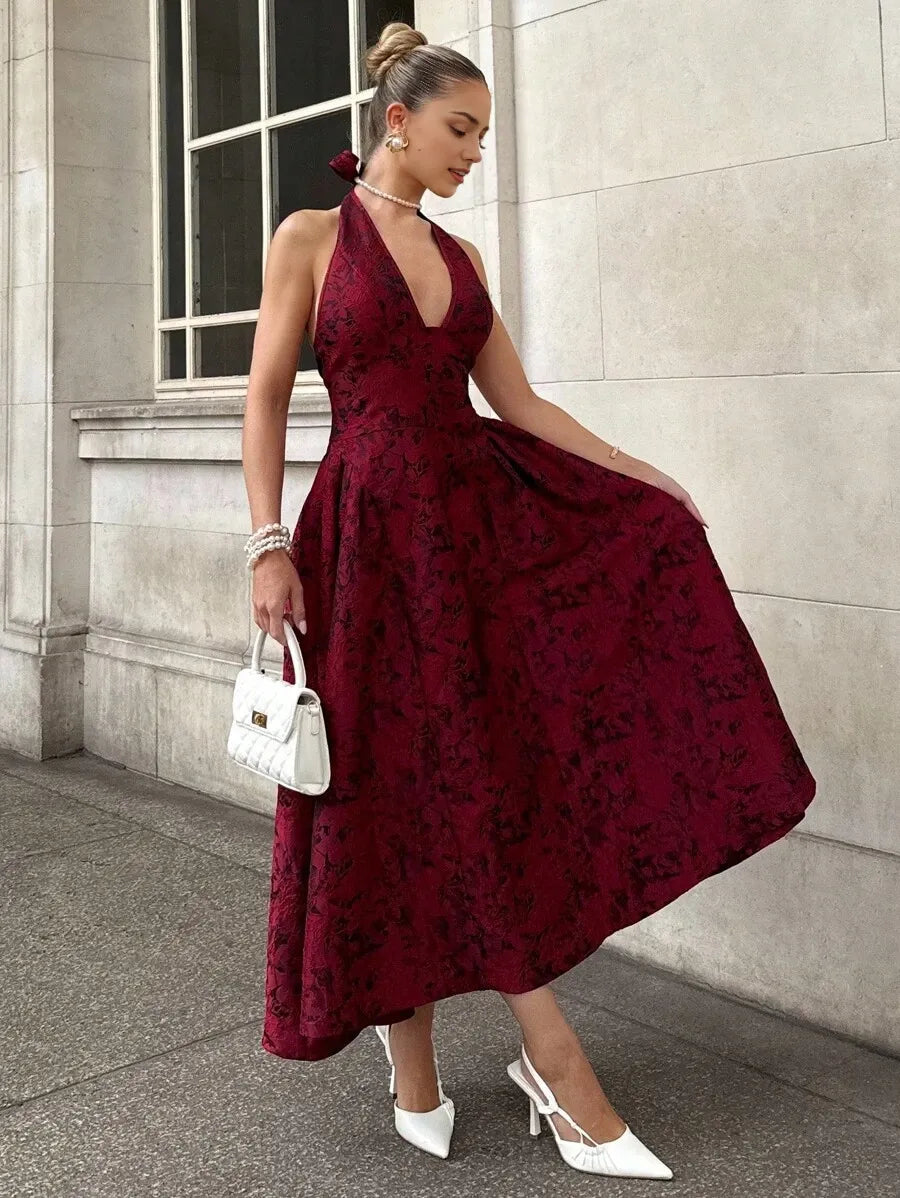 Red A-Line Halter Neck Sleeveless Lace-Up Back Ankle-Length Jacquard Prom Dress