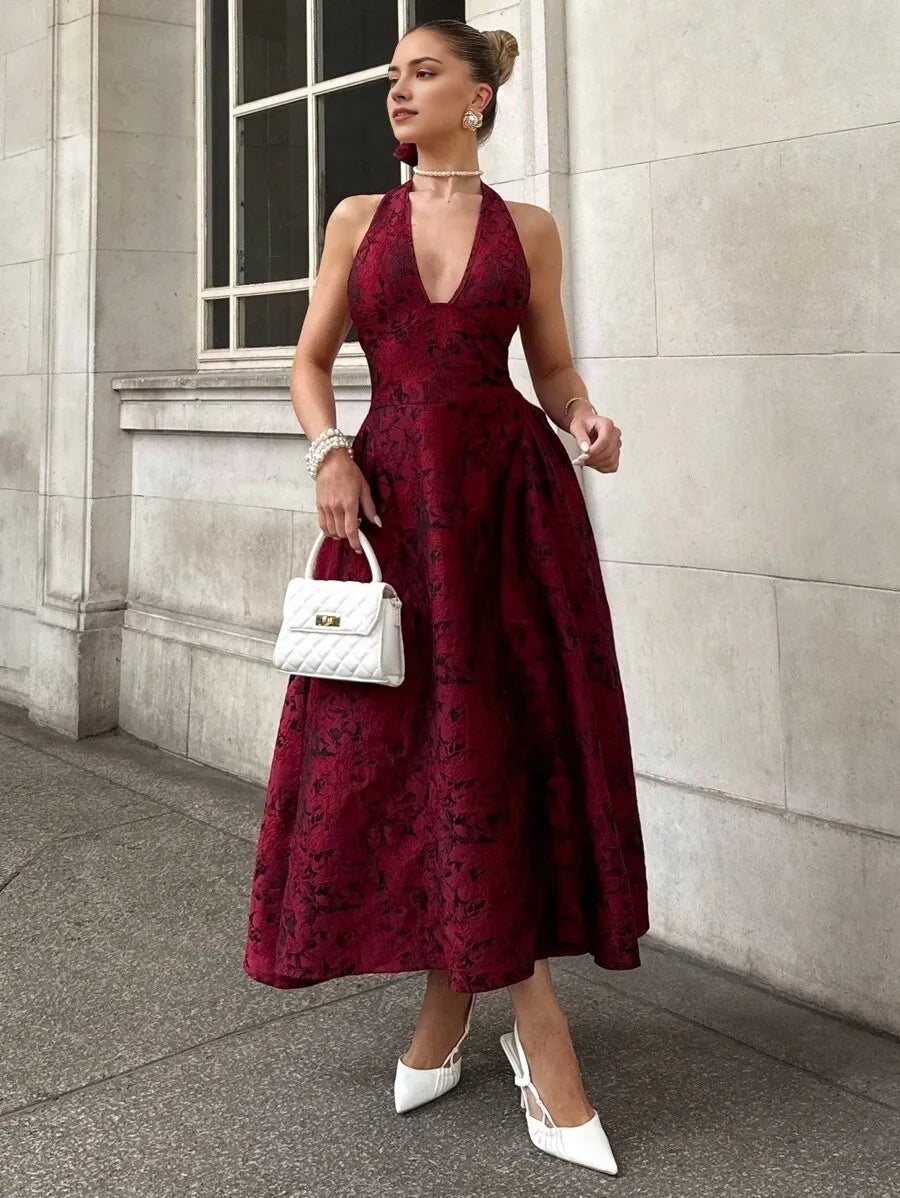Red A-Line Halter Neck Sleeveless Lace-Up Back Ankle-Length Jacquard Prom Dress